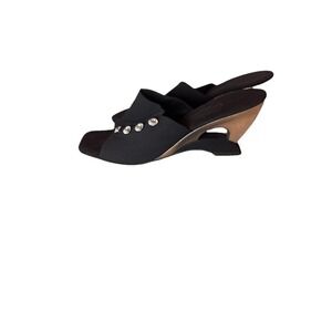 Vintage 1980s Onex Slide Black Silver Wedge Cutout Heels And Rhinestones Sz 7.5